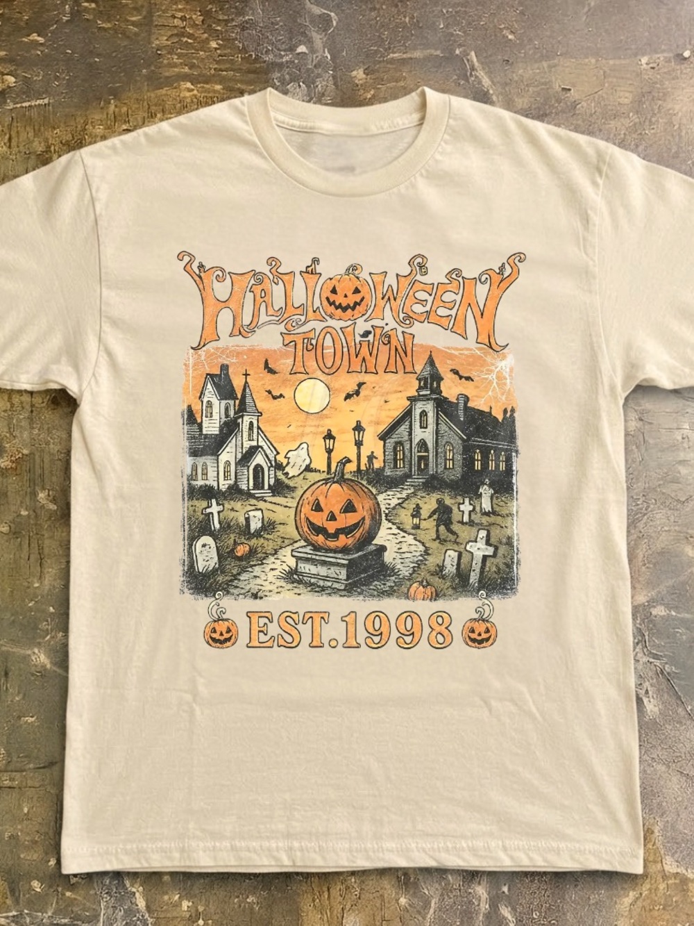 Halloween Town Graphic Tee - Cream with Orange & Black Print
